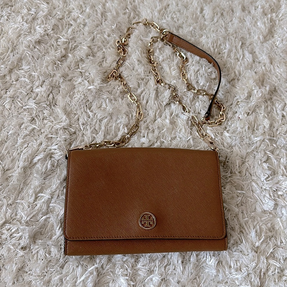 Tory Burch Chain Clutch Tan color